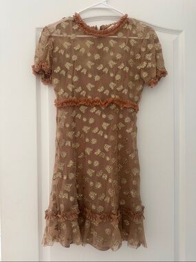 For Love & Lemons Dusty Rose Mesh Dress with Gold Floral Motif